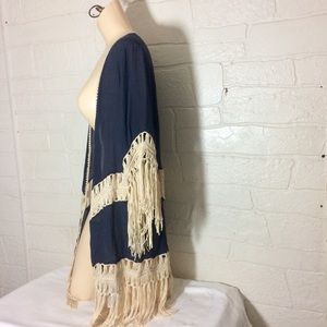 Umgee Boho Fringe Kimono Duster Blue Cream Tassel Festival Witchy Layer